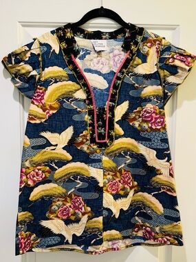 Joey Short-Sleeve Navy Crane Print Tunic with Pink Trim